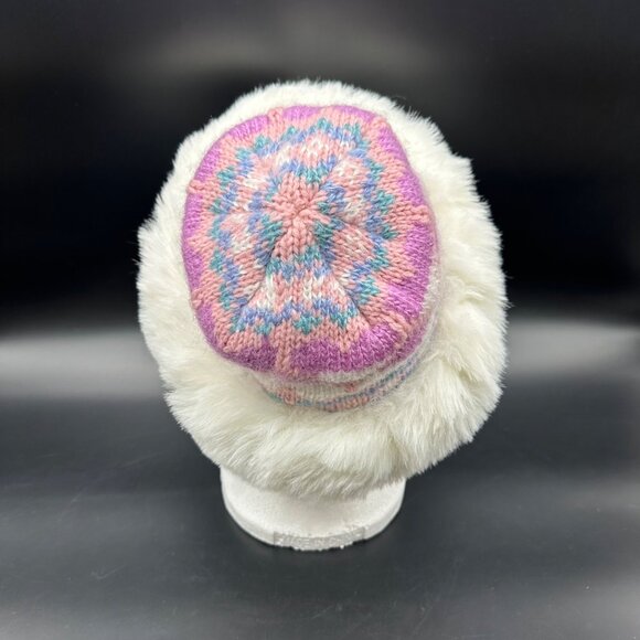 Vintage Knit Hat Winter Pink Purple White 80s Notice USA Faux Fur Trimmed Beanie - Picture 3 of 11